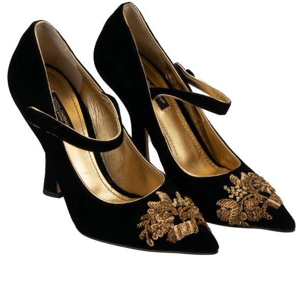 Baroque velvet pumps with hand-made goldwork embroidery in black by DOLCE & GABBANA