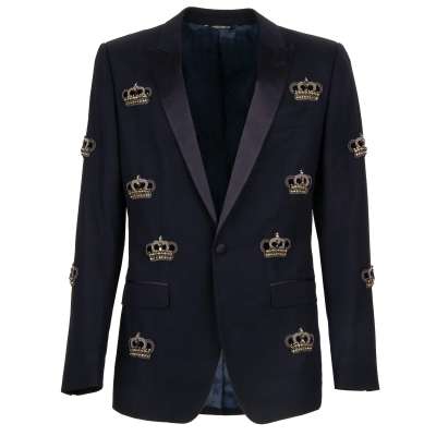 Baroque Crystal Crown Blazer Tuxedo Jacket Blue 46 S