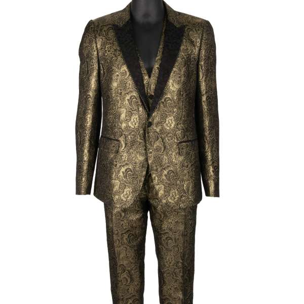 Baroqeu Jacquard 3 piece suit with peak lapel in gold and black by DOLCE & GABBANA 