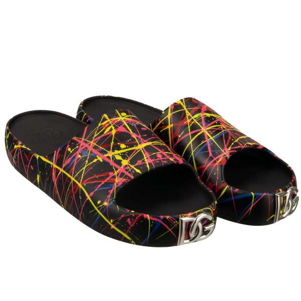  Plateau Slides Sandals with DG Front Silver Logo and hand-painted elements in black by DOLCE & GABBANA 