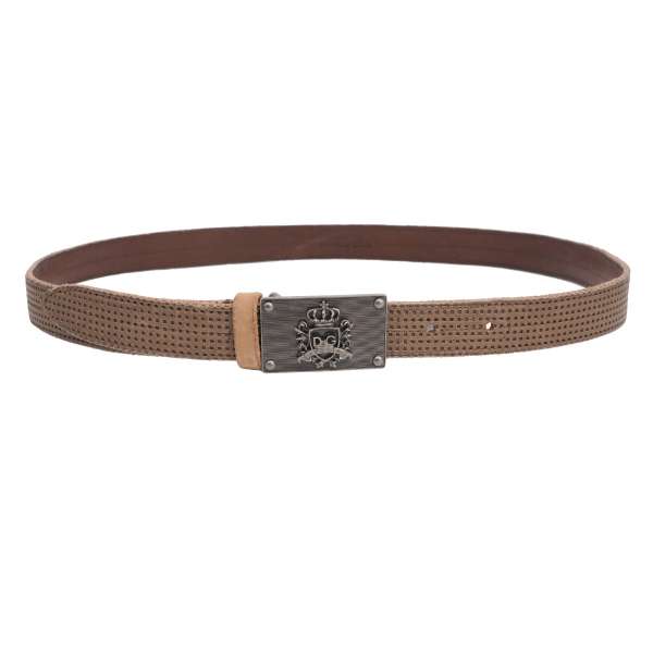 Perforated leather belt with DG Logo Crown metal buckle in brown by DOLCE & GABBANA