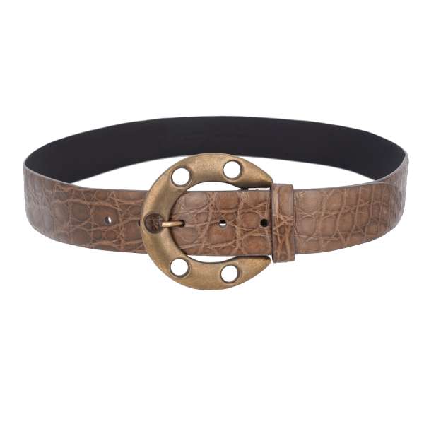 Crocodile Leather belt with ring metal buckle in black by DOLCE & GABBANA