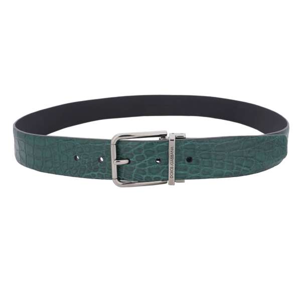 Classic crocodile leather belt with silver metal buckle in green by DOLCE & GABBANA