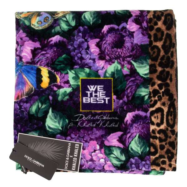 Large Leopard Flower Butterfly printed cotton beach towel in purple, yellow and brown by DOLCE & GABBANA x DJ KHALED