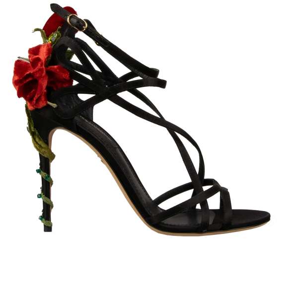 Silk and leather Heels Sandals KEIRA with velvet, crystal embroidered roses and straps in red and black by DOLCE & GABBANA