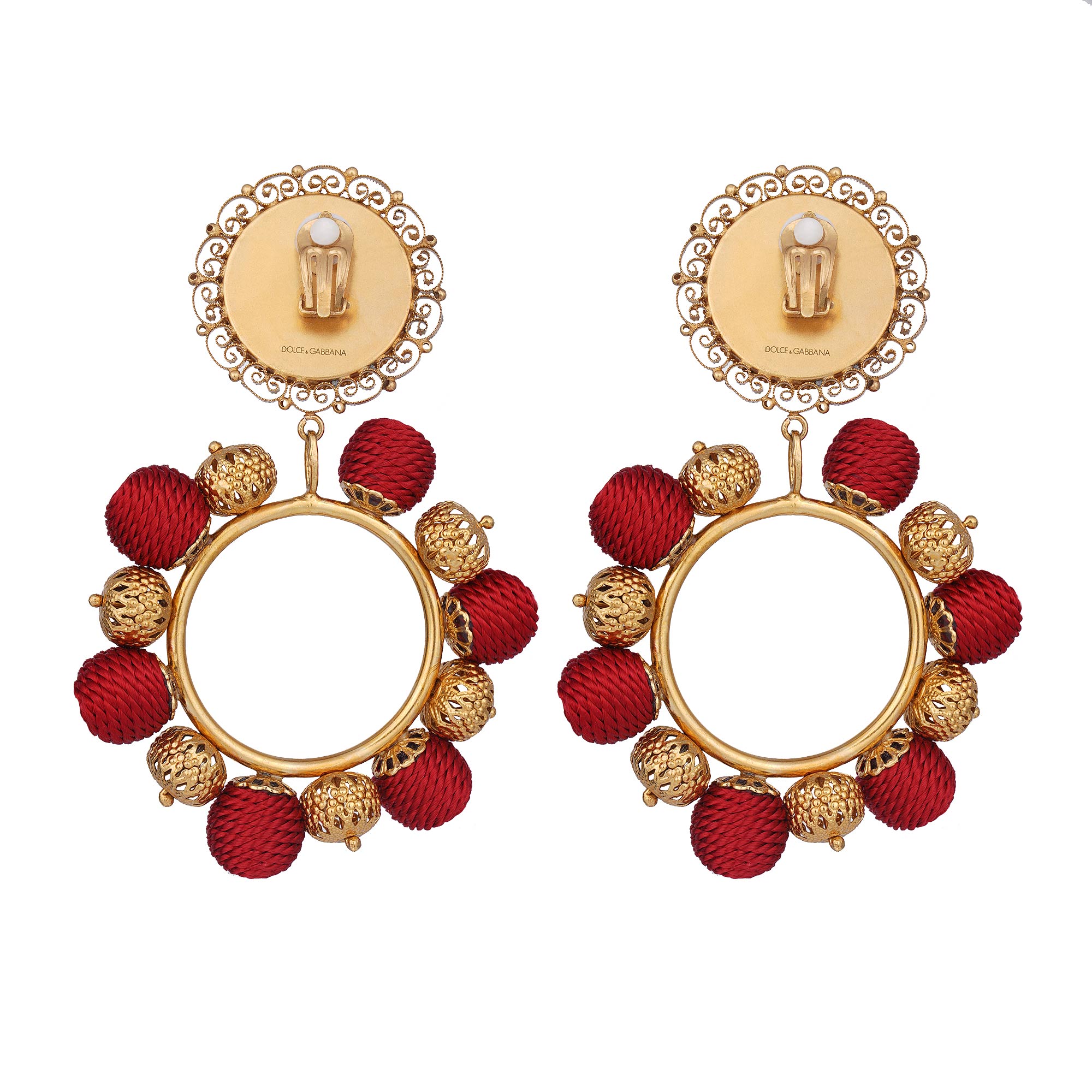 Dolce & Gabbana Hoop Filigree Woven Clip Earrings Red Gold | FASHION ROOMS