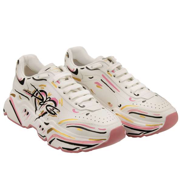 Leder Plateau Hand Painted Damen Sneaker DAYMASTER in Weiß und Pink von DOLCE & GABBANA