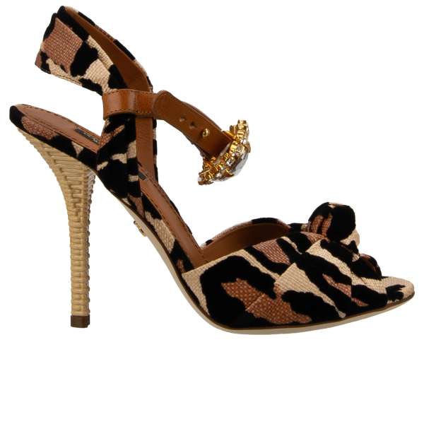 Leopard velvet structure pattern Heels Sandals KEIRA with crystal brooch and raffia structure heel in black and beige by DOLCE & GABBANA