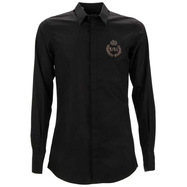 Cotton shirt with baroque goldwork crown embroidery in black by DOLCE & GABBANA  - GOLD Line 