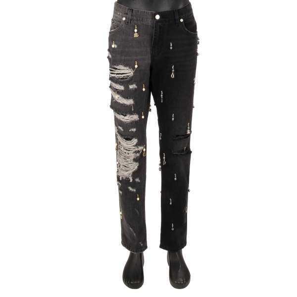 5-pockets Distressed Assymetric Jeans REGULAR with DG logo pearl pendants in black and gray by DOLCE & GABBANA