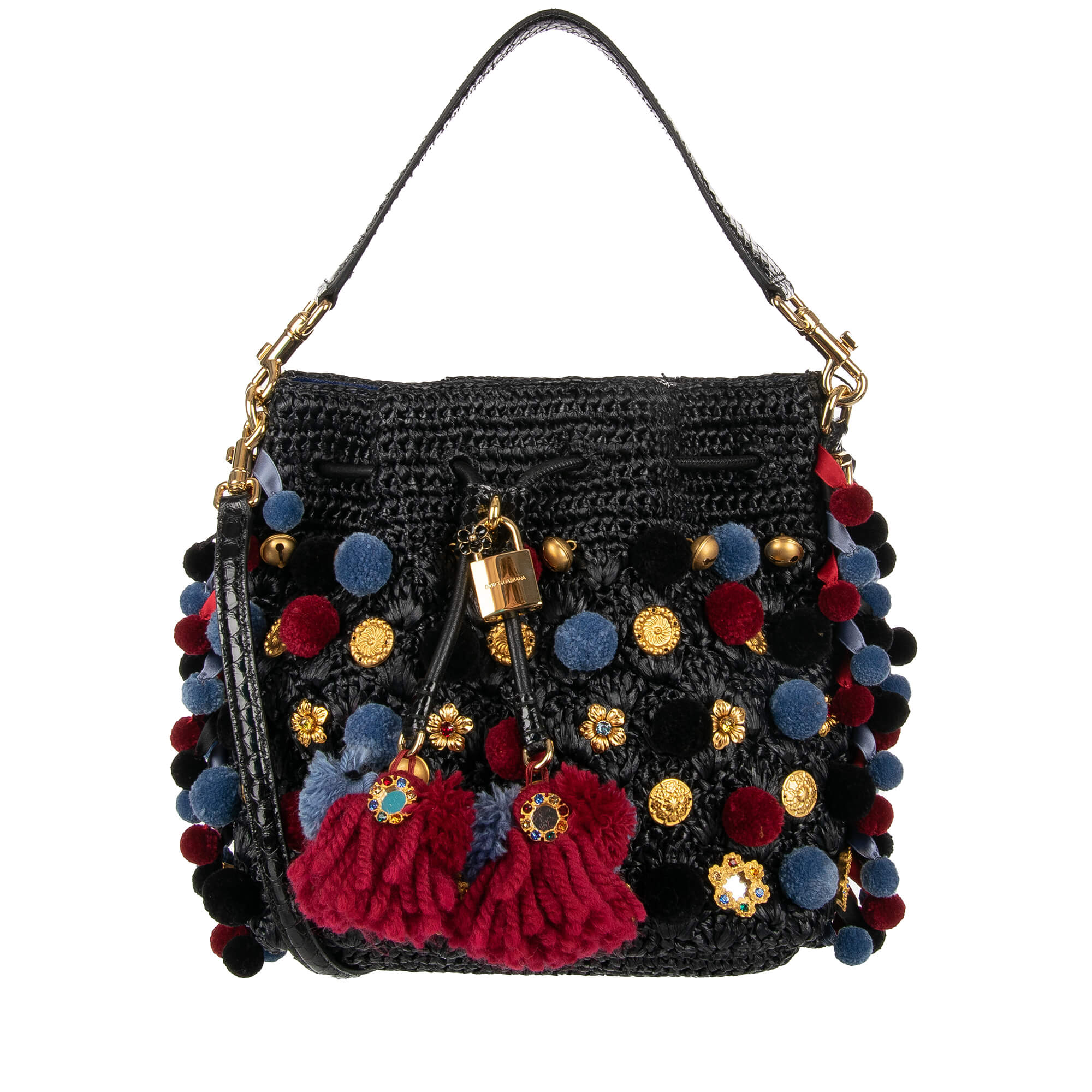 Dolce & Gabbana Raffia Bucket Bag CLAUDIA with Pompoms and Crystals ...