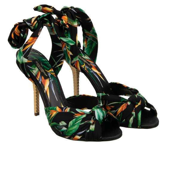 Tropical flower pattern Silk Heels Sandals KEIRA with raffia structure heel in black and green by DOLCE & GABBANA