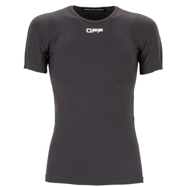 Elastic Nylon Sport T-Shirt with OFF logo print in front and mesh X Logo at the back by OFF-WHITE Active