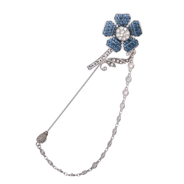 Men Brooch / Jacket Lapel Pin with Crystals Flower and crystals chain in silver and blue by DOLCE & GABBANA