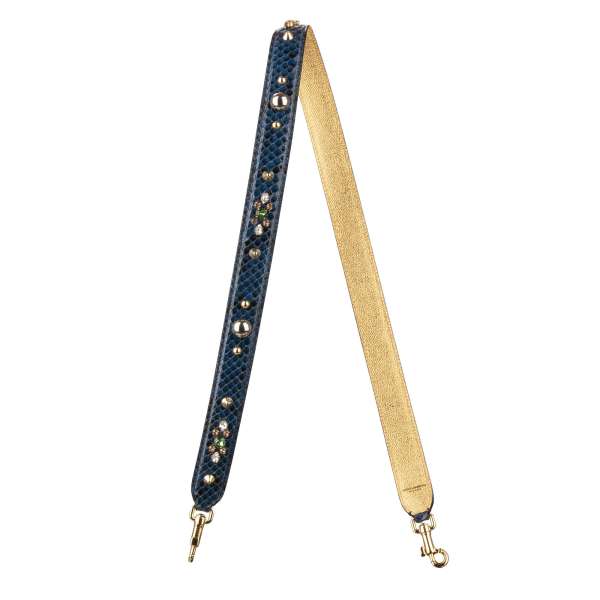 Snake and Dauphine Pattern calf leather bag Strap / Handle with pearls and crystals applications in blue and gold by DOLCE & GABBANA