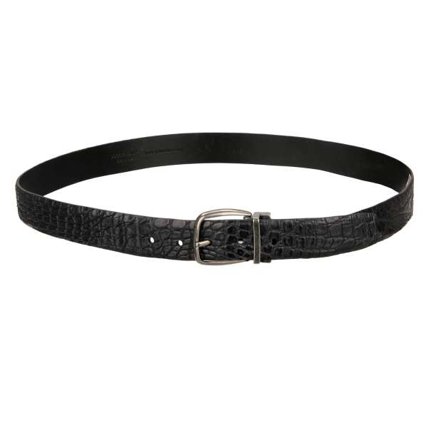 Crocodile Leather belt with antique silver metal buckle in black by DOLCE & GABBANA