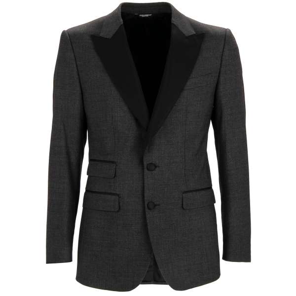 Blazer aus Schurwolle Mischung SICILIA mit spitzem Kontrast Revers und Taschen in Dunkel-Grau und Schwarz von DOLCE & GABBANA