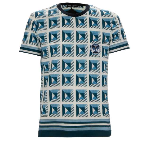 Baumwolle T-Shirt mit Gio Ponti Design Motiv und Logo Stickerei Patch in Blau und Weiß von DOLCE & GABBANA