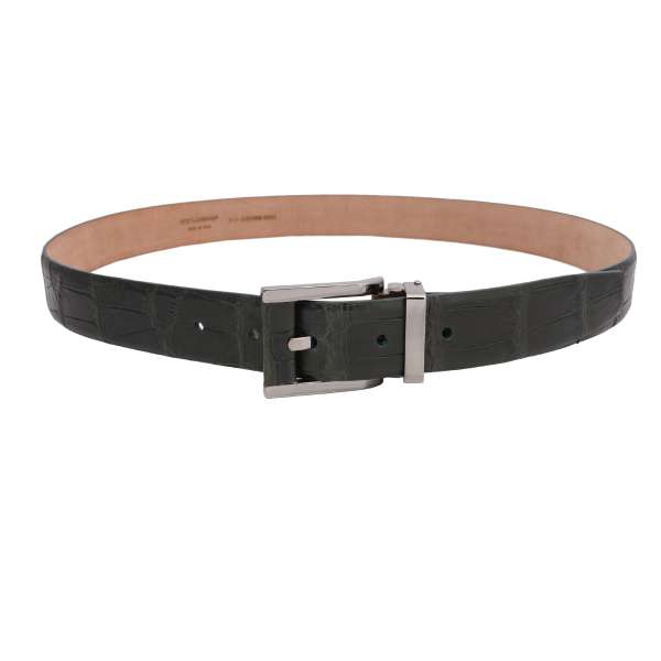  Crocodile Leather belt with silver metal buckle in white and blue by DOLCE & GABBANA