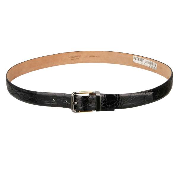 Glossy Crocodile Leather belt with silver and gold buckle in black by DOLCE & GABBANA