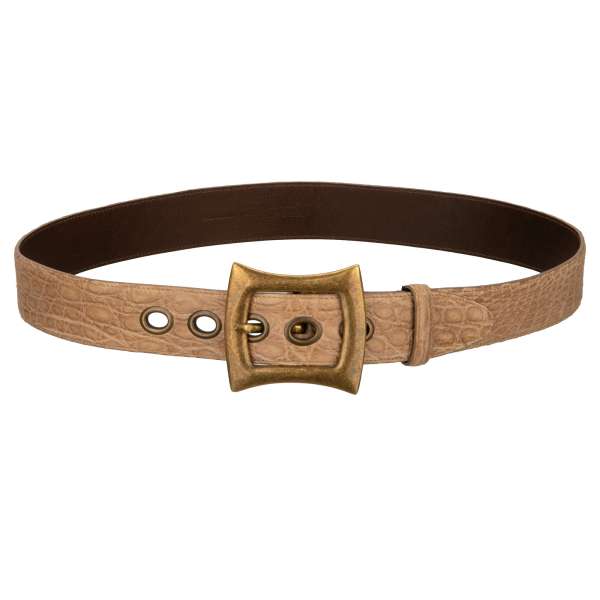 Crocodile leather belt with antique gold metal buckle in beige by DOLCE & GABBANA