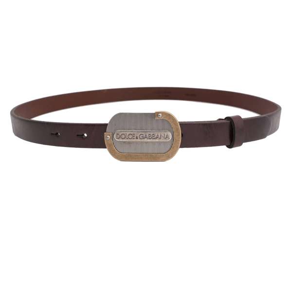 Leather belt with DG Logo metal buckle plate in brown by DOLCE & GABBANA