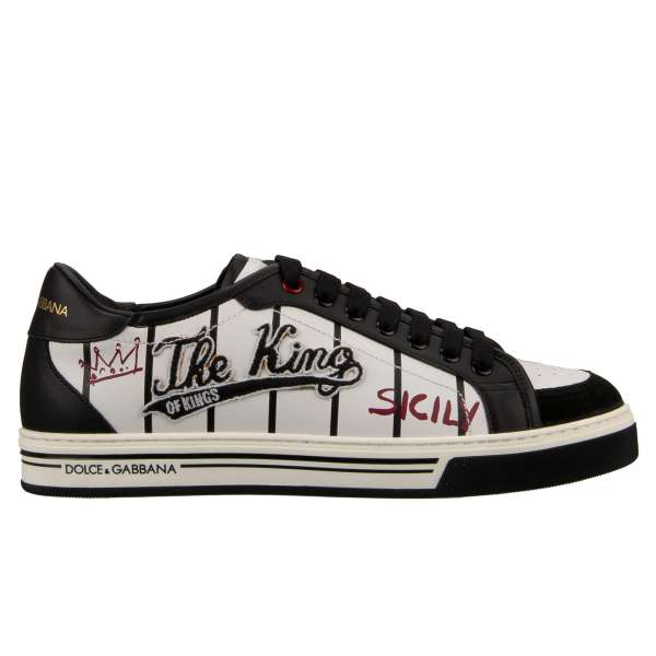 Low-Top Sneaker ROMA with The King farbic patchesand striped print in black and white by DOLCE & GABBANA