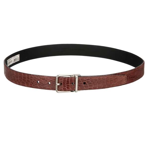 Glossy Crocodile Leather belt with silver buckle in black by DOLCE & GABBANA