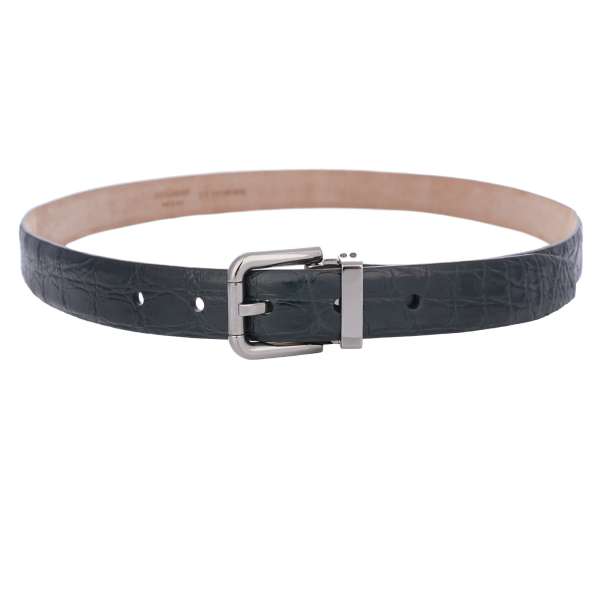 Crocodile Leather belt with metal buckle in dark green and silver by DOLCE & GABBANA