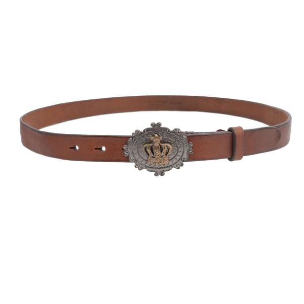 Leather belt with Baroque Crown metal buckle in brown by DOLCE & GABBANA