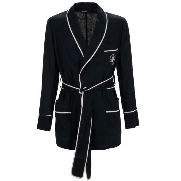 Linen Robe / Blazer with DG Logo embroidery and belt fastening in blue and white by DOLCE & GABBANA