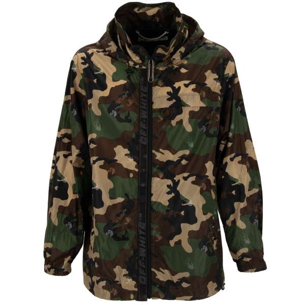 Camouglage pattern windbreaker hooded jacket with all-over logo print and staple zip closue by OFF-WHITE Virgil Abloh