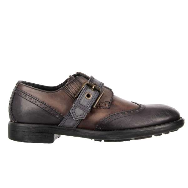  Formal derby shoes SICILIA made of leather with vintage scratch pattern effect in gray and brown by DOLCE & GABBANA