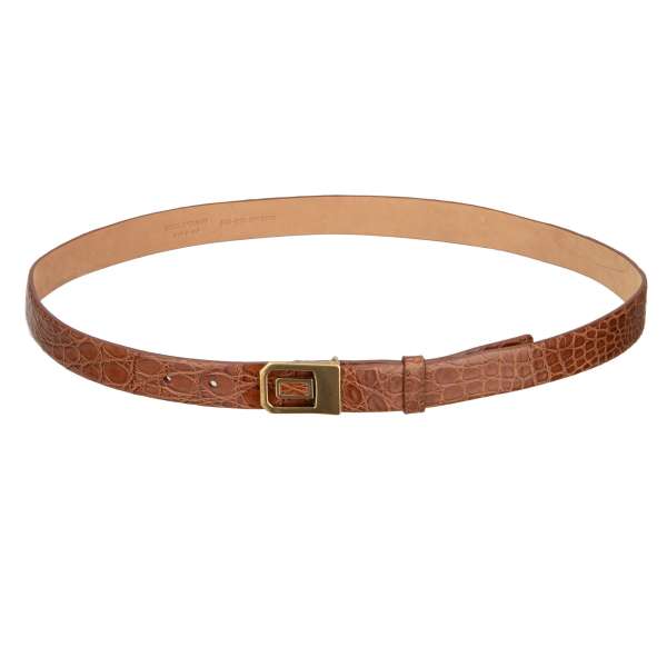 Crocodile Leather belt with gold metal buckle in brown by DOLCE & GABBANA