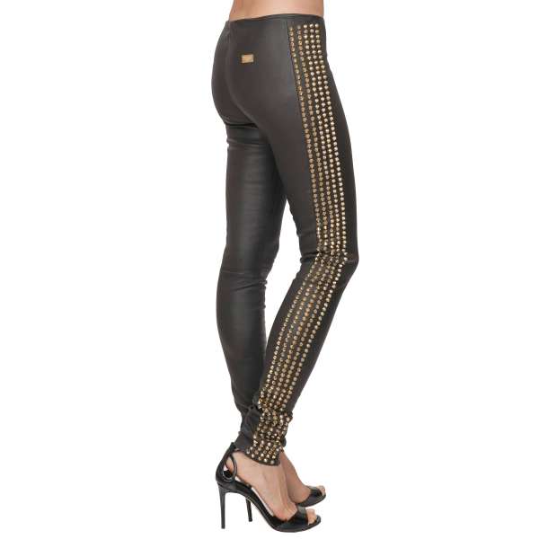 Leather pants with metal studs and Philipp Plein metal logo plate at the back by PHILIPP PLEIN