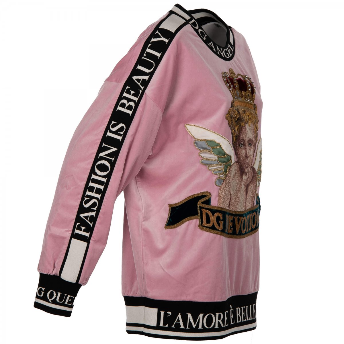 Dolce Gabbana Velvet Oversize Sweater with Angel Crown Embroidery DG Devotion Pink FASHION ROOMS