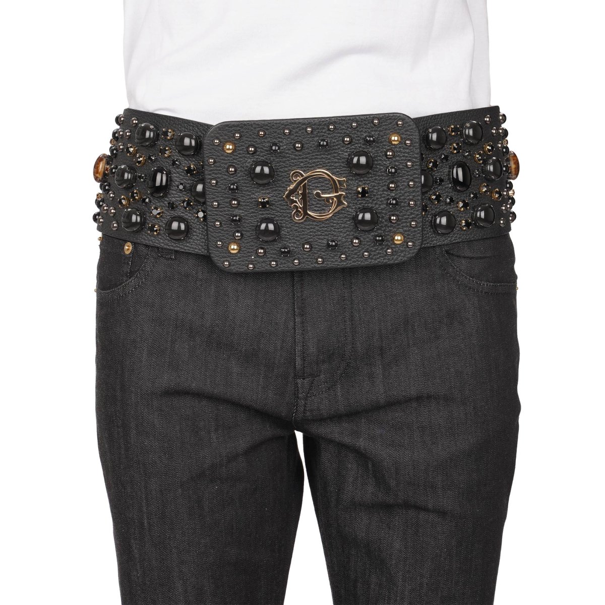 Dolce & Gabbana DG Logo Crystal Pearl Big Leather Belt Black Gold 90 36 |  FASHION ROOMS