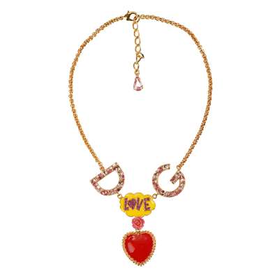 Crystal DG Logo Love Heart Rose Necklace Chocker Gold Red