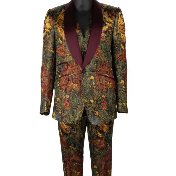 Baroqeu Jacquard 3 piece suit with peak lapel in gold and black by DOLCE & GABBANA 