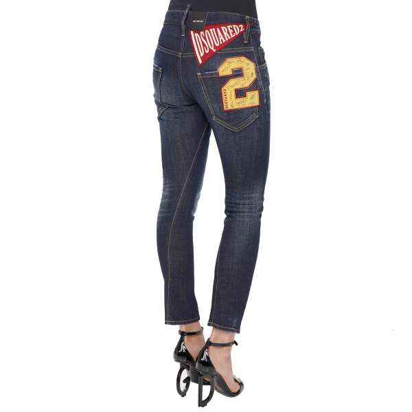  Distressed SEXY TWIST JEAN slim fit 5-pockets Jeans with Logo patch and 2 number with Rugby theme in blue by DSQUARED2