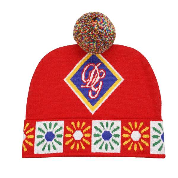 Unisex Carretto Motiv DG Logo Schurwolle Mütze mit Pom Pom von DOLCE & GABBANA 