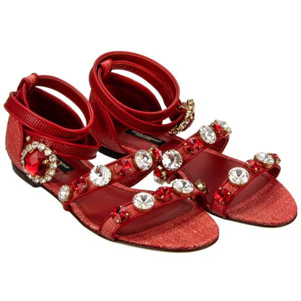 Raffia and Leather Sandals BIANCA embellished with crystals and crystal brooch in red by DOLCE & GABBANA 