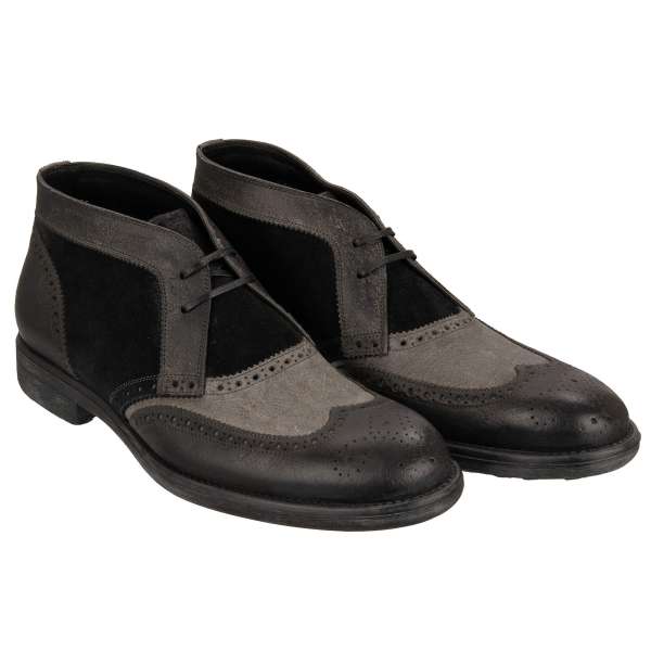 Leder Stiefeletten mit Schnürsenkelverschluß in Schwarz und Grau von DOLCE & GABBANA