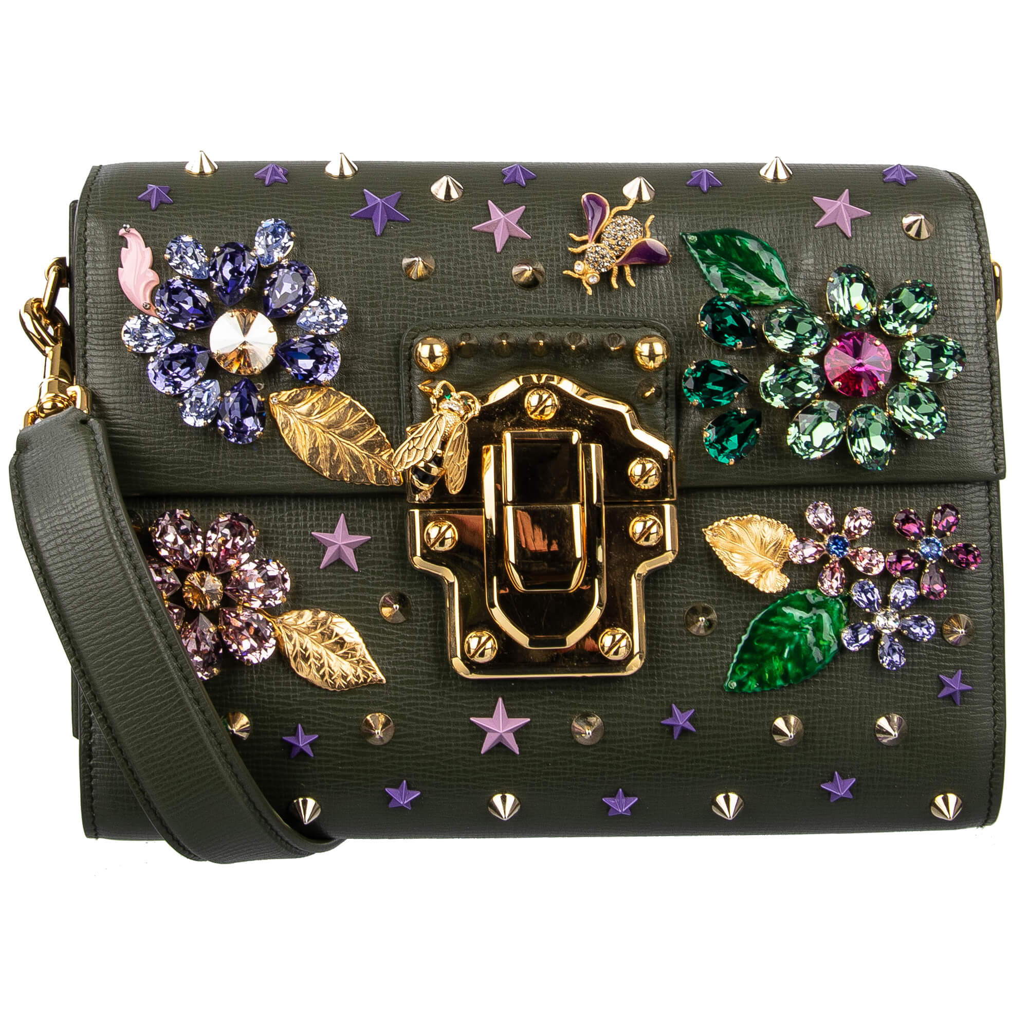 Dolce & Gabbana Studded Floral Crystals LUCIA Bag Khaki | FASHION ROOMS