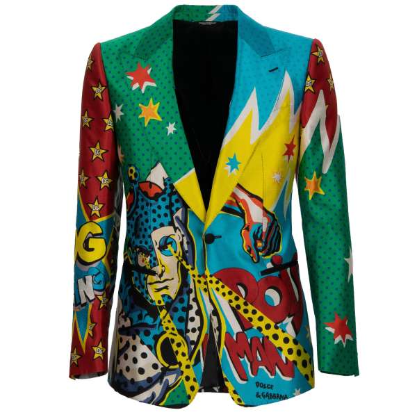 Comics motive, logo and star King printed blazer / jacket made of dupioni silk with peak lapel in green, blue, red and yellow by DOLCE & GABBANA