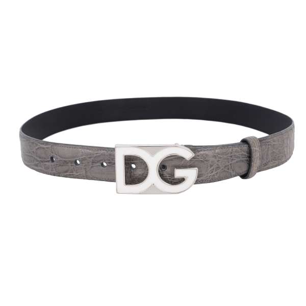 Caiman leather belt with DG logo white and silver metal buckle in gray by DOLCE & GABBANA