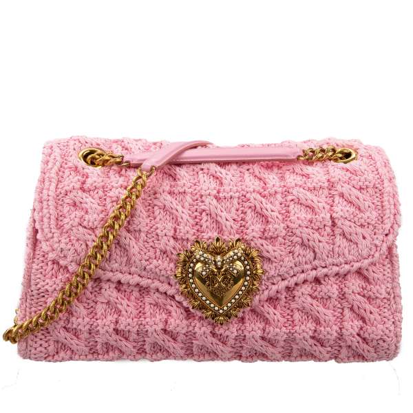 Dolce Gabbana Knitted Crochet Shoulder Bag DEVOTION Large with Jeweled Heart Pink