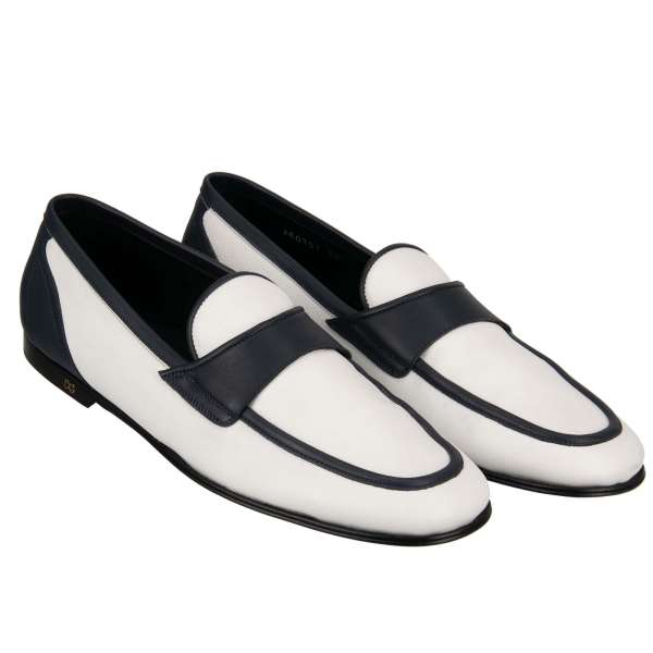 Soft leather loafer shoes ERICE in white and blue with DG metal logo on the side by DOLCE & GABBANA