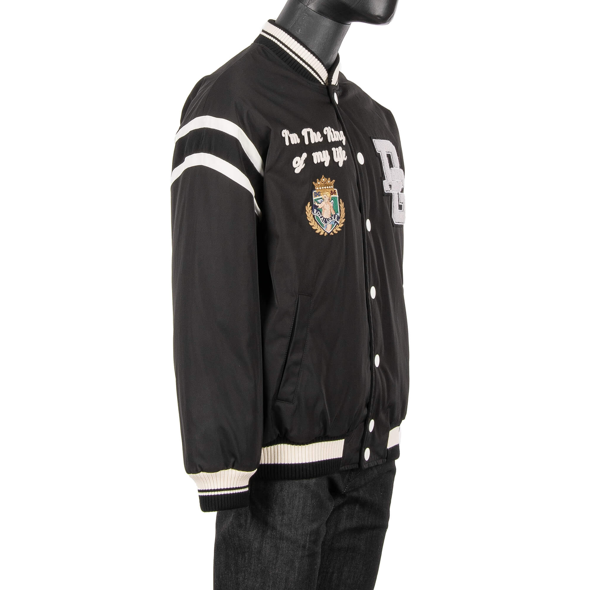 Oversize Varsity Bomber Jacket with Royal King Embroidery and DG Logo Black
