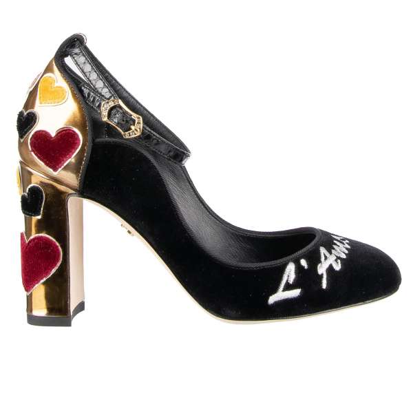Dolce & Gabbana Velvet Ankle Strap Hearts Pumps VALLY L'Amore Black Gold |  FASHION ROOMS
